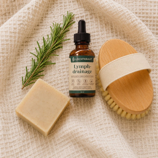 Bürste und Leichtkraut-Tropfen im Flatlay