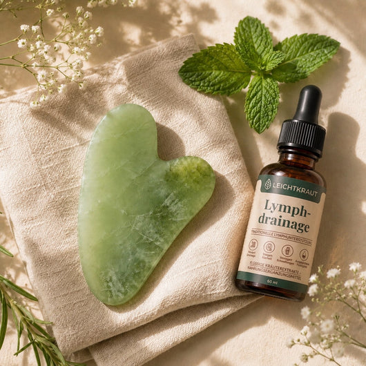 Gua-Sha-Stein und Leichtkraut-Tropfen im Flatlay