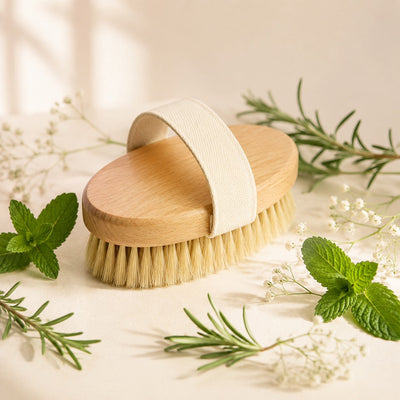 Leichtkraut Massage-Bürste mit Naturborsten auf Creme-Hintergrund