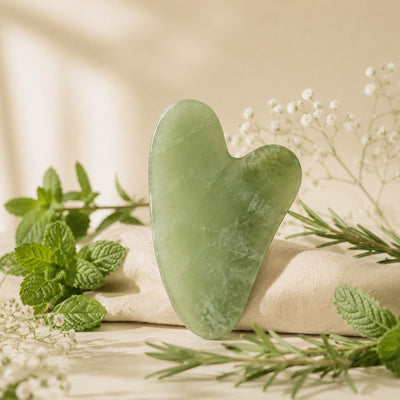Leichtkraut Gua-Sha-Stein aus Jade auf Creme-Hintergrund